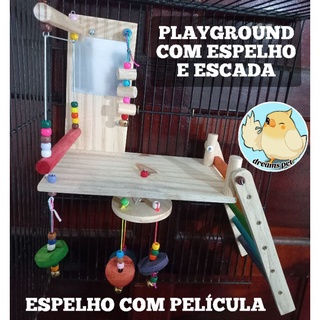 Playground com balanço e espelho para calopsita, periquito, agapornis e outros pássaros de mesmo porte.