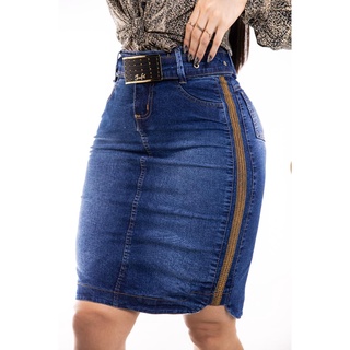 Saia Jeans Azul Com Cinto Detalhes Laterais Moda Evangelica C/ Lycra REF: 13