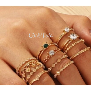 Anel prata e dourado kit 12 peças strass