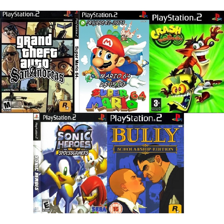 Games PS2 5 Jogos  Gta Mario 64 Crash Sonic Heroes Bully Criança Infantil Jogos  PLAY 2