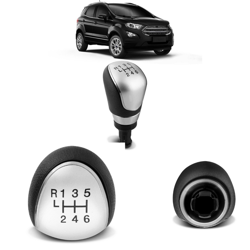 Bola de Câmbio Manopla Ecosport 13 a 20 Preto com Lente Prata Anel Cromado 6 Marchas Ré para Frente