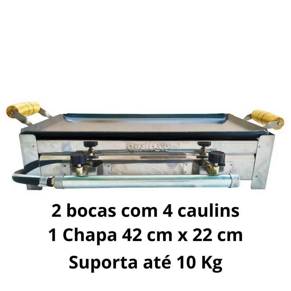 Fogão Fogareiro Portátil Reforcado 2 Bocas 4 caulins cada Boca Inox Chapa com Alças Lanche E Kit Gas Para Camping Pesca