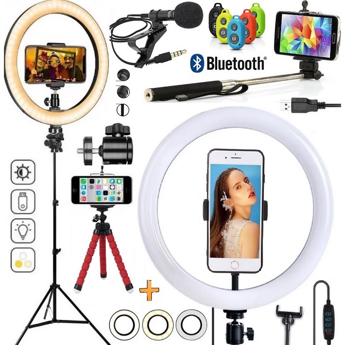 Kit Vídeo Aula Chamada Microfone Lapela Tripé Celular Universal Iluminador Ring Light Pau de Selfie Acessórios Filmagem