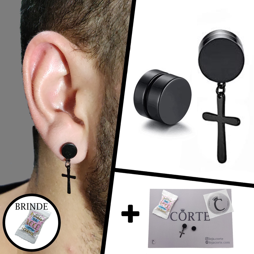 Brinco De Pressão Cruz Par 2 Unidades Preto 8mm Brinco Magnético Masculino