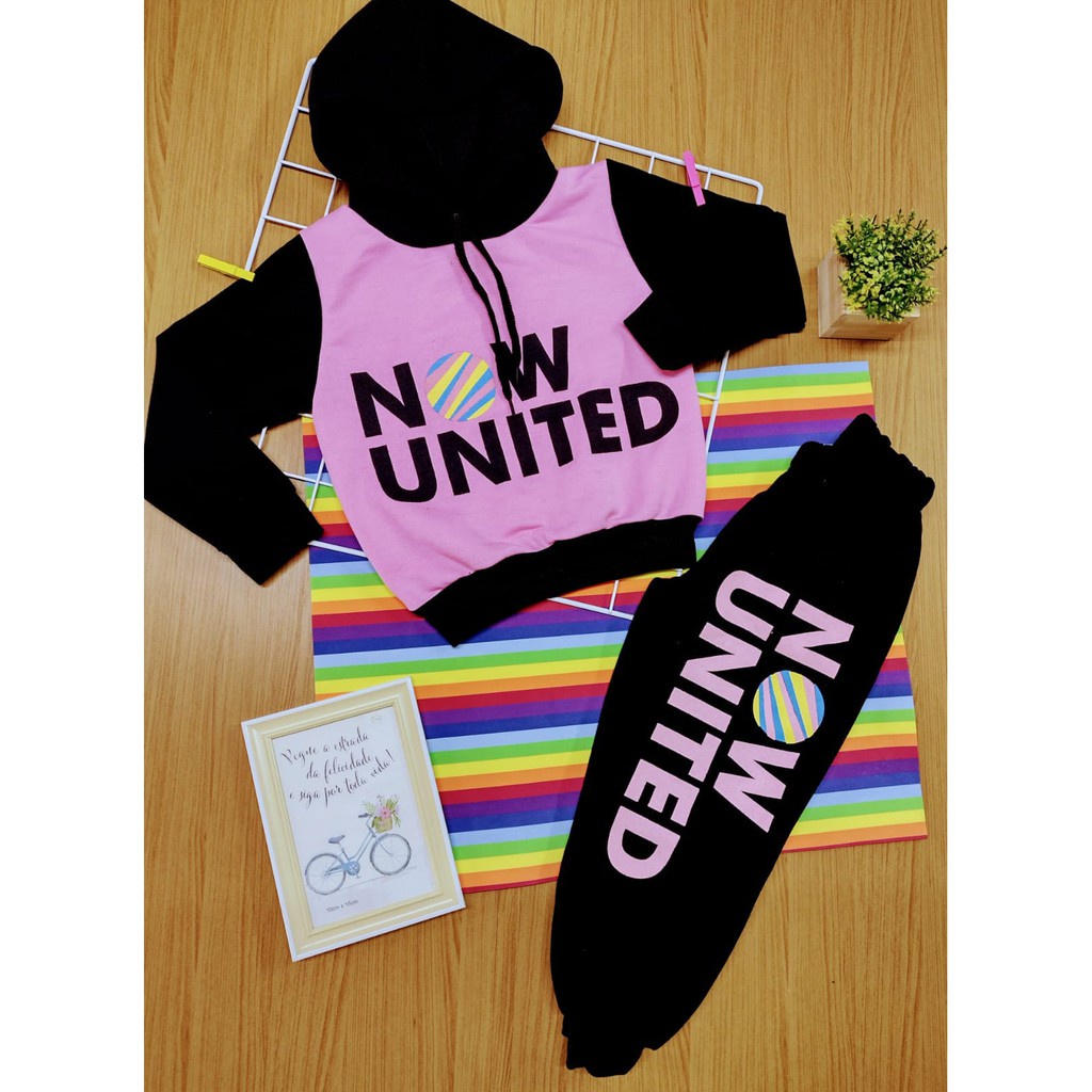 Conjunto Infantil Feminino de Inverno Now United Calça Preta + Casaco com Capuz (Preto+Pink)