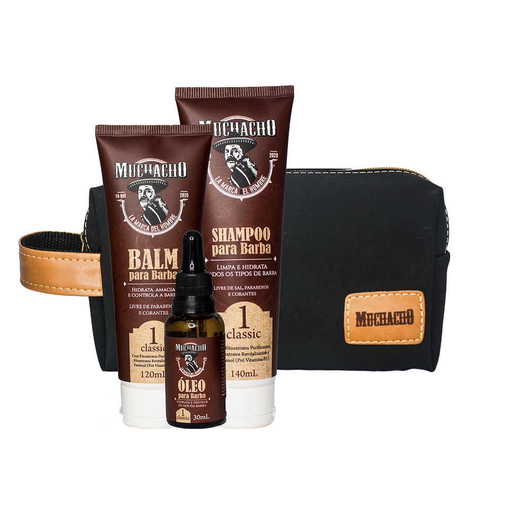 Kit Shampoo para Barba + Balm para Barba + Oleo para Barba - Muchacho Classic + Necessaíre Muchacho Cancun