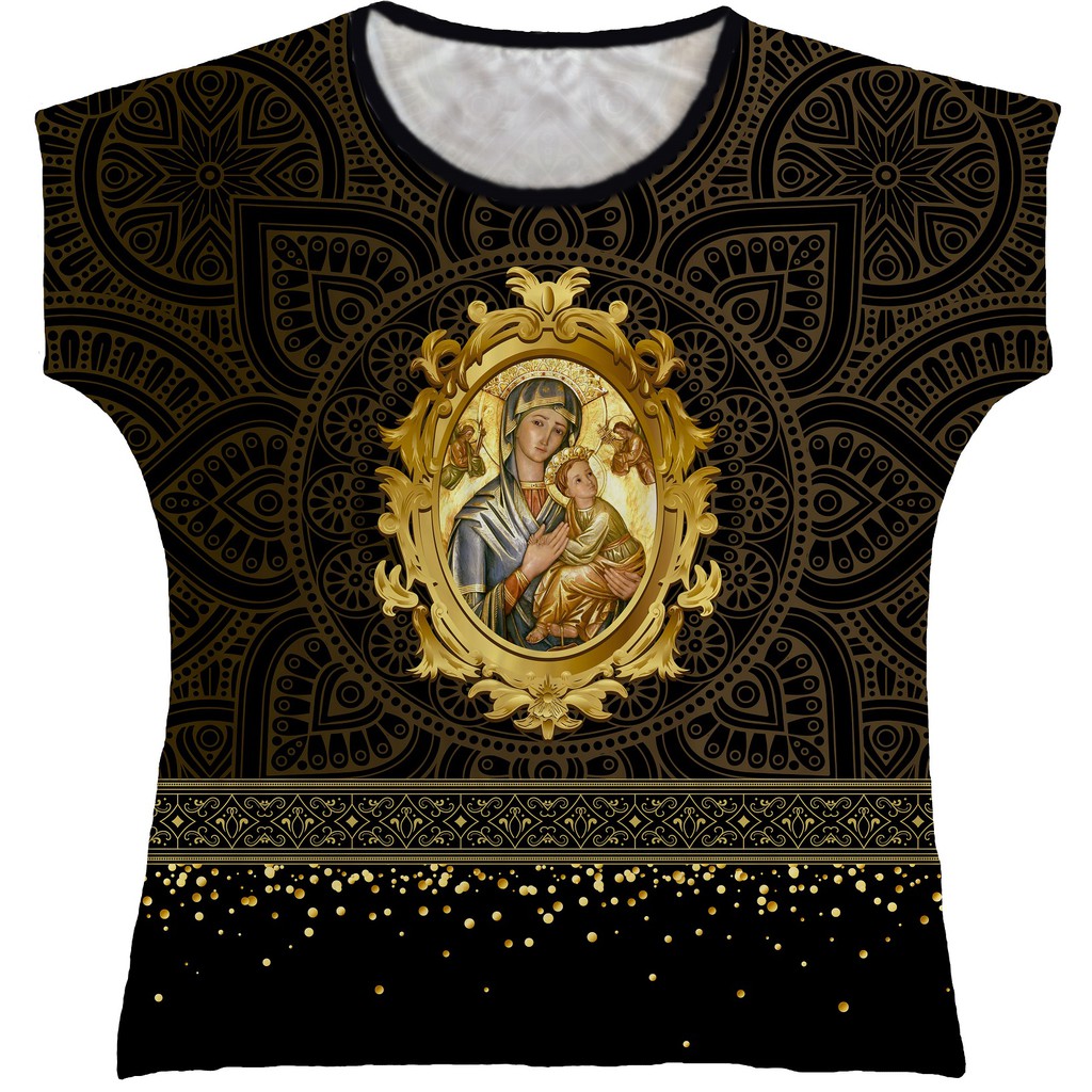 Blusa Nossa Senhora do Pérpetuo Socorro Bata Rainha do Brasil Preta e Dourada