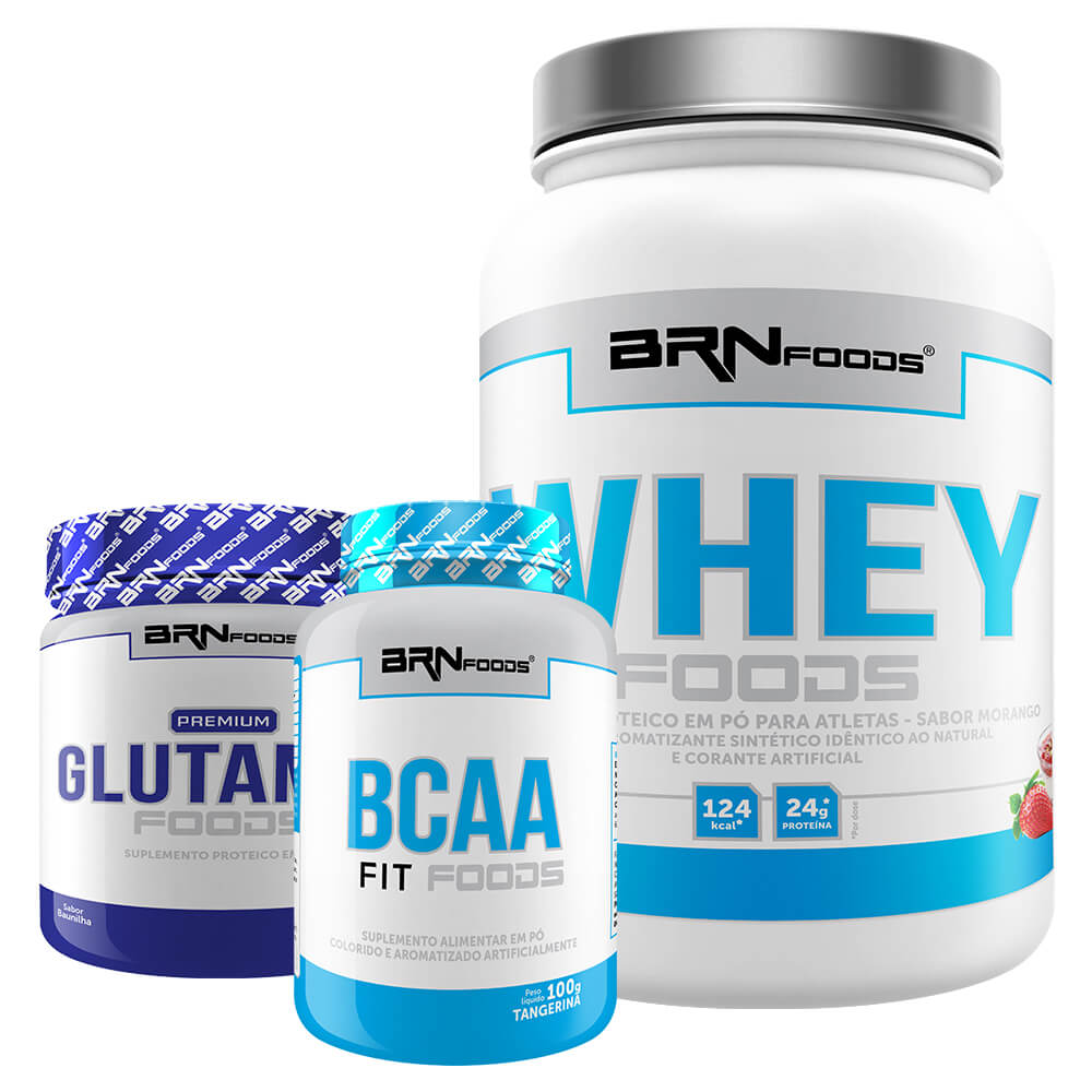 Kit Whey Foods 900g Morango + BCAA Fit Foods 100gr + Premium Glutamin 250g Baunilha – BRNFOODS