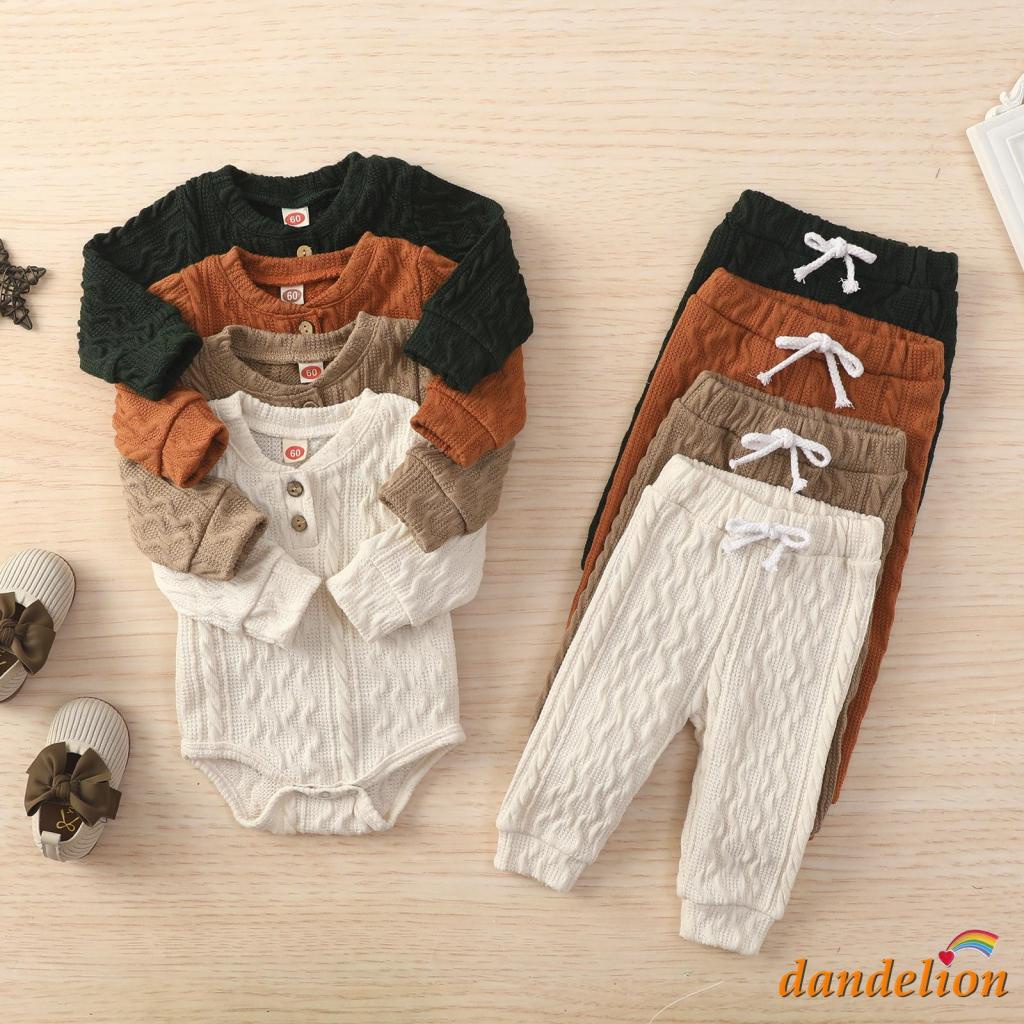 Conjunto de 2 peças para bebê menino, macacão de tricô com botões de gola redonda de manga...