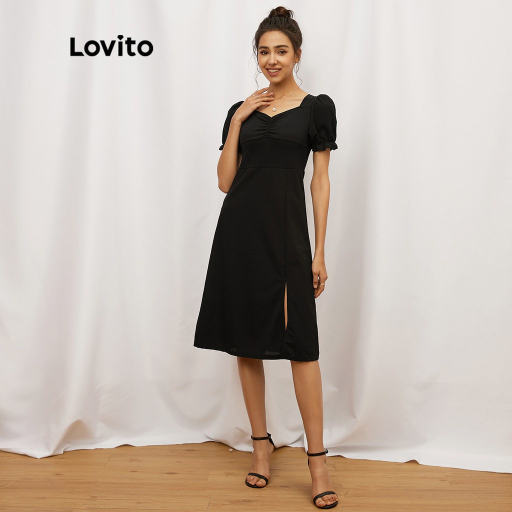 Vestido largo estilo coreano elegante con mangas abullonadas, volantes y escote en forma de corazón L17X103 (Negro)