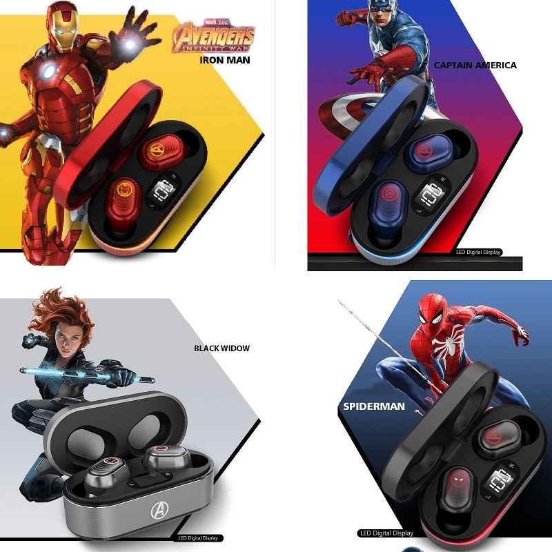 Fone de ouvido sem fio Bluetooth TWS Marvel Vingadores Homem de Ferro Homem-Aranha Capitão América Viúva Negra Disney 100% autêntico