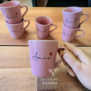 Kit Jogo 6 Xicaras /canecas Porcelana Café Chá Decorada Rosa Amor Spot