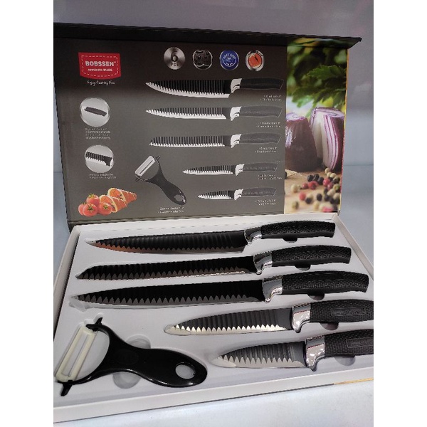 Conjunto Jogo de Facas Knives 6 Itens Aço Inox Antiaderente Preto Bobssen Para Cozinha, Churrasco, Restaurante, Facas + Descascador