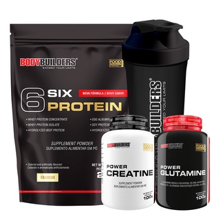 Kit Whey Protein Concentrado 6 Six Protein 2kg + Power Creatina 100g + Power Glutamina 100g + Coqueteleira - Ganho de Massa Muscular Magra e Força Muscular - Bodybuilders