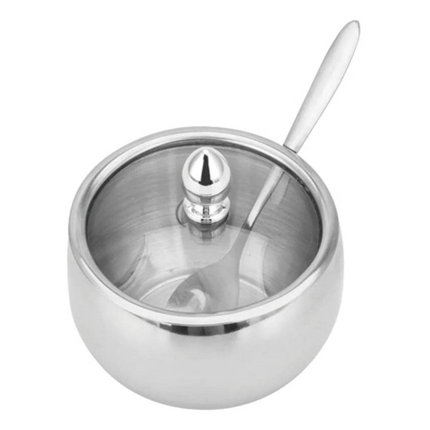 Açucareiro de Aço Inox com colher e Tampa de Vidro Moderno Utilidades