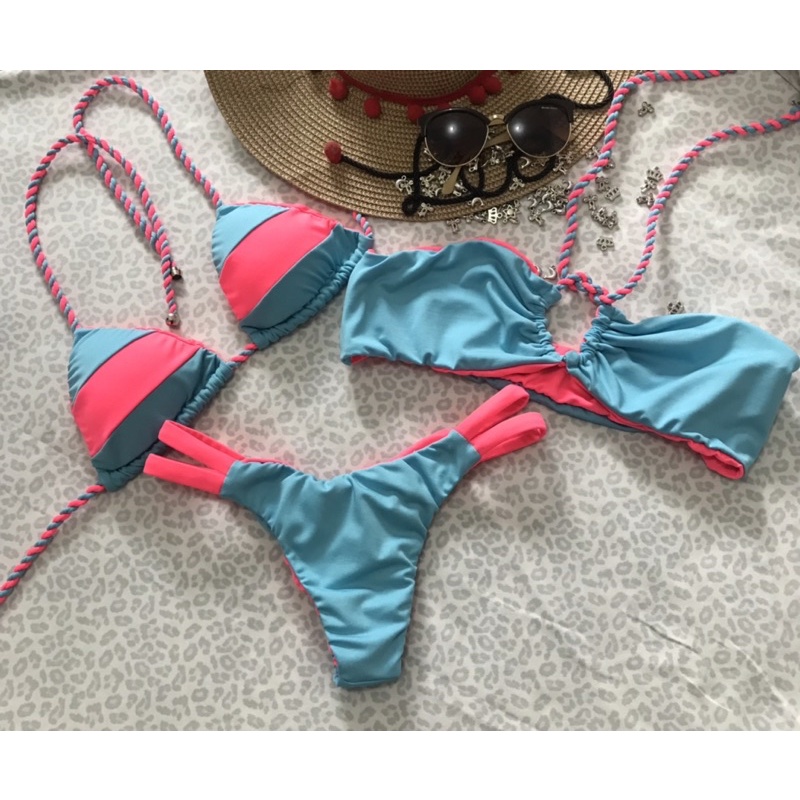 Trikini OZANA/JADE - 3 peças - 2 sutiãs e 1 calcinha - calcinha empina bumbum - azul bebê com rosa
