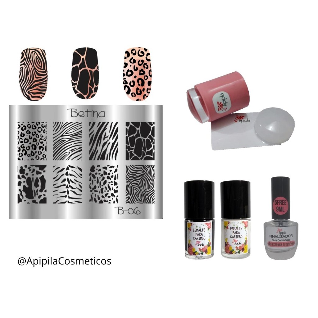 Kit Apipila B06 Animal Print + Carimbo+ Esmaltes de 8 ml
