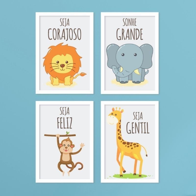 Kit Quadros Decorativos 4 Peças Safari Infantil Frase seja Forte Salmo Animais Macaco Leão...