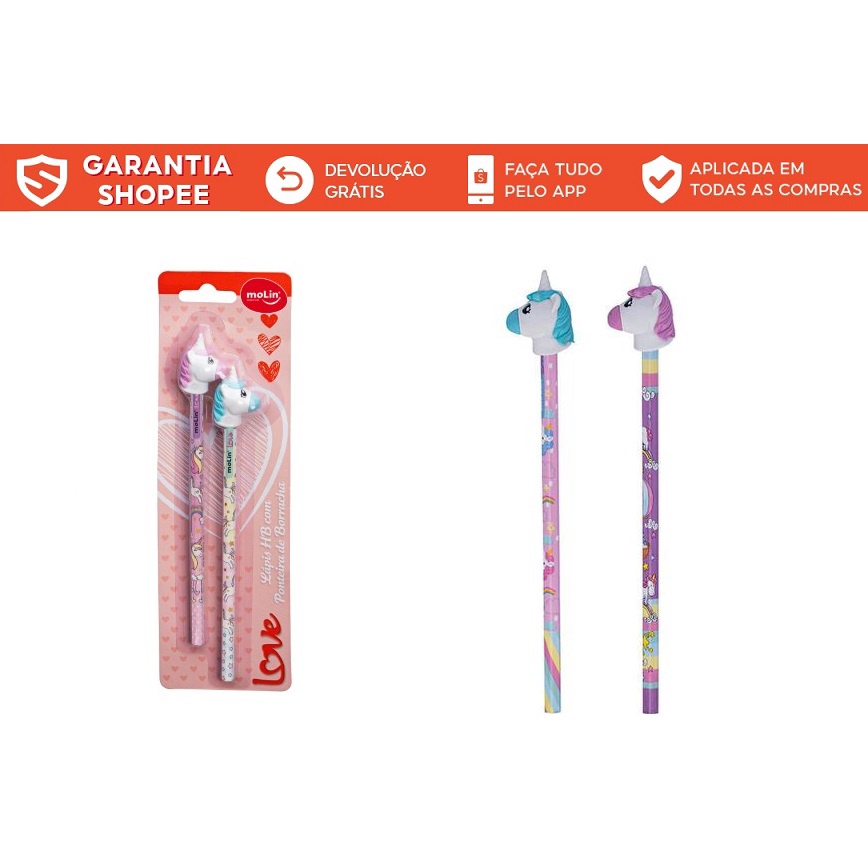 Lápis Preto Unicórnio com borracha de unicórnio kit com 2 unidades em Oferta na Shopee