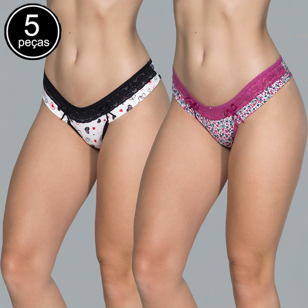 Kit 5  Calcinha Lingerie Microfibra Estampada Tanga Conforto Atacado