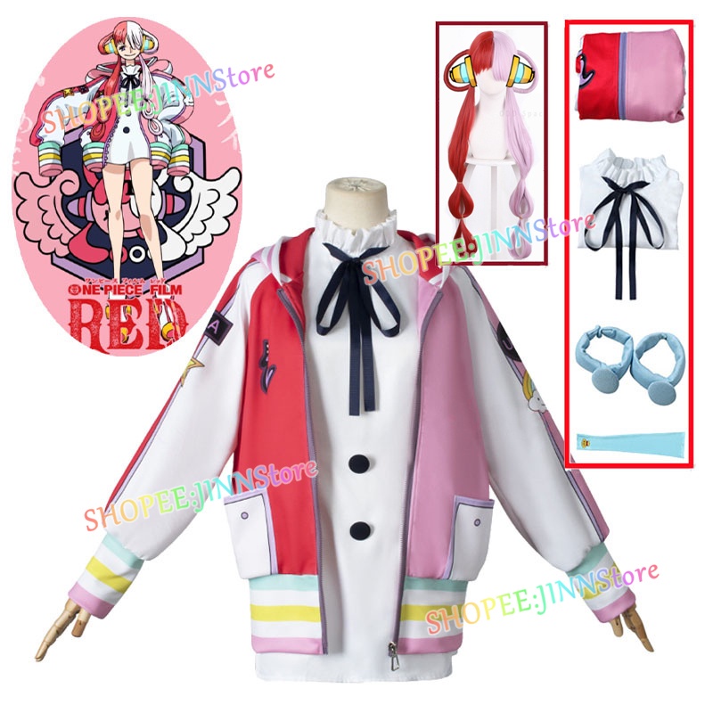 JINN Anime ONE PIECE Traje Cosplay Para O Dia Das Bruxas Do Partido FILM UTA Rosa Vermelho Peruca Jaqueta Conjunto Completo Acessórios