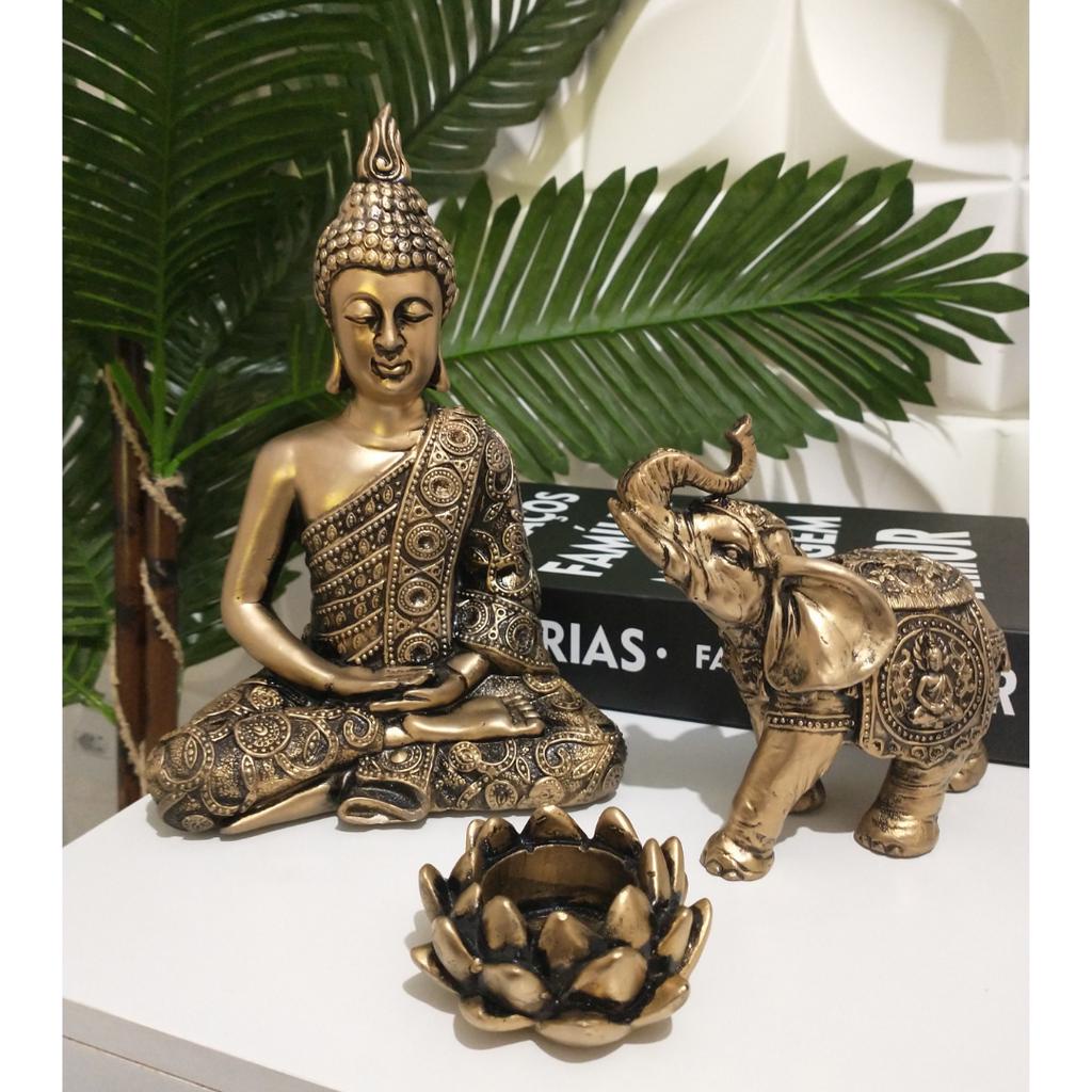 Imagem Combo Estátuas De Buda Meditando + Elefante Indiano + Castiçal Flor De Lotus Dourado Prata