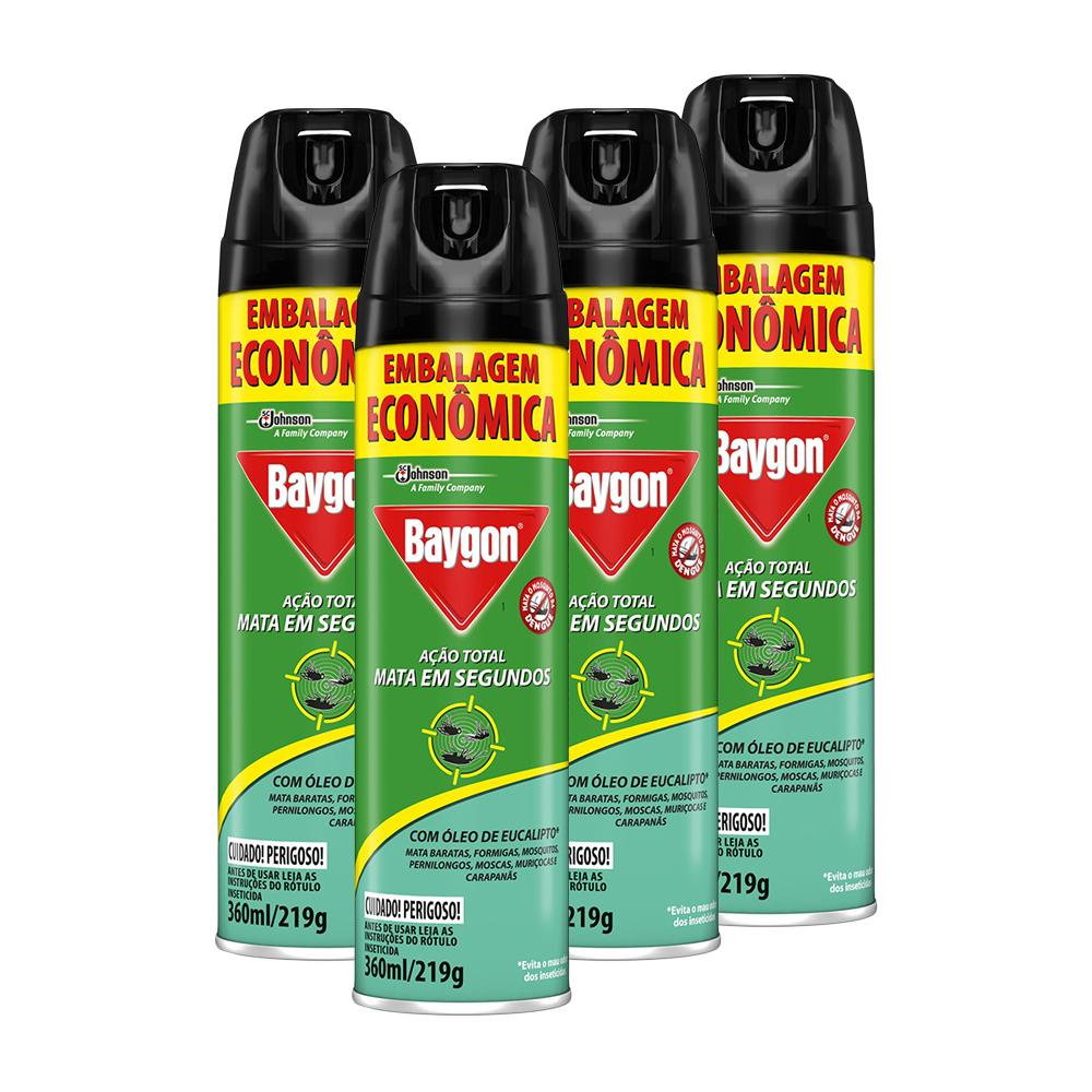 Kit 4 Inseticida Aerossol Baygon Ação Total com Óleo de Eucalipto 360ml em Oferta na Shopee