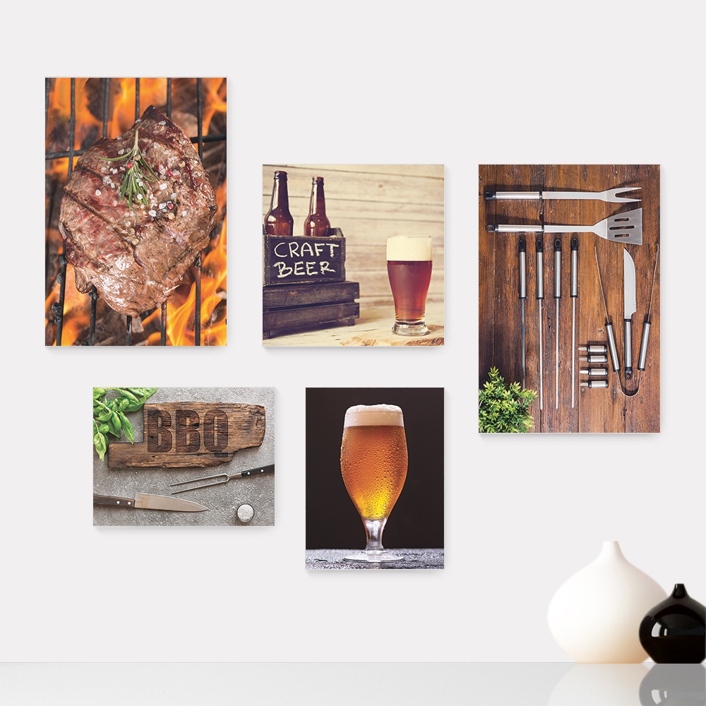 Kit 5 Quadros Decorativos Placas - Churrasco - Churrasqueira - Espaço Gourmet - Cozinha Casa Quarto Sala - 192ktpl5