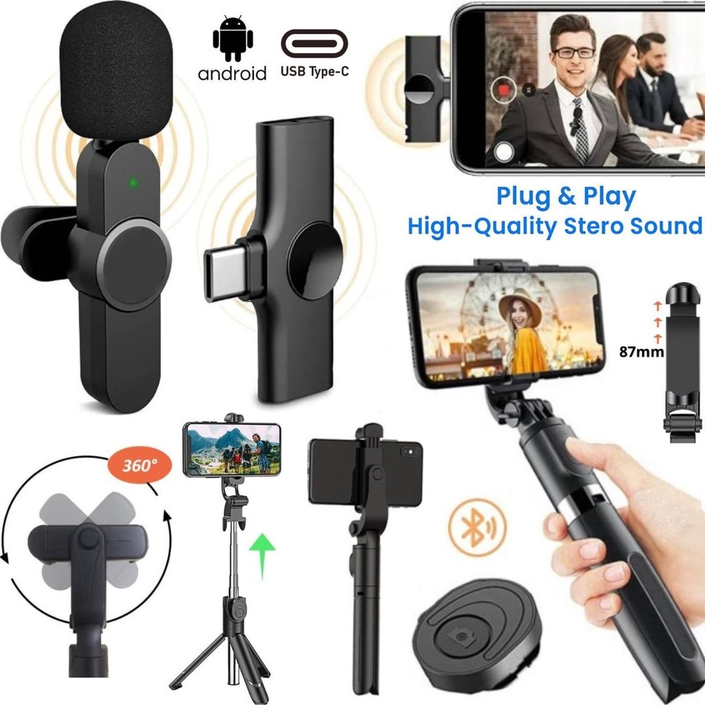Kit Microfone De Lapela Sem Fio Tipo-C Gravação Vídeo Suporte Bastão Tripé Para Celular
