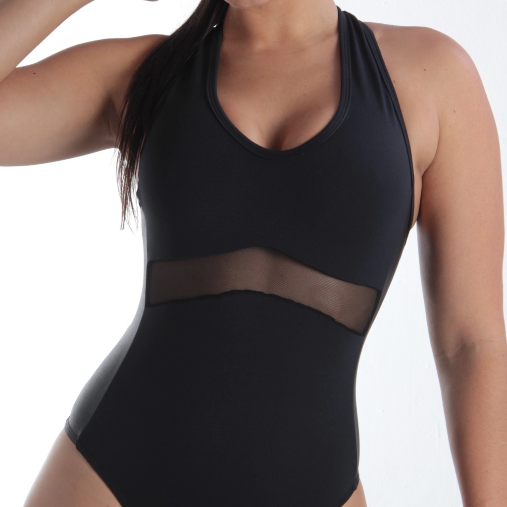 Body Moda Fitness Academia Caminhada com Recortes em Tule e Cirrê