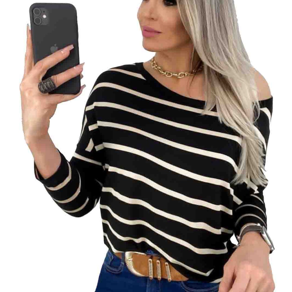 Blusa Plus Size Manga Longa listrada Feminina