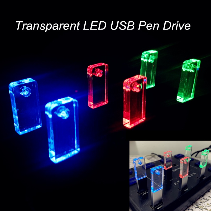USB 2.0 Transparente Levou Luz Pen Drive mini Thumb Flash Stick 4gb 8gb 16gb 32gb 64gb 128gb Pode Personalizado Logotipo