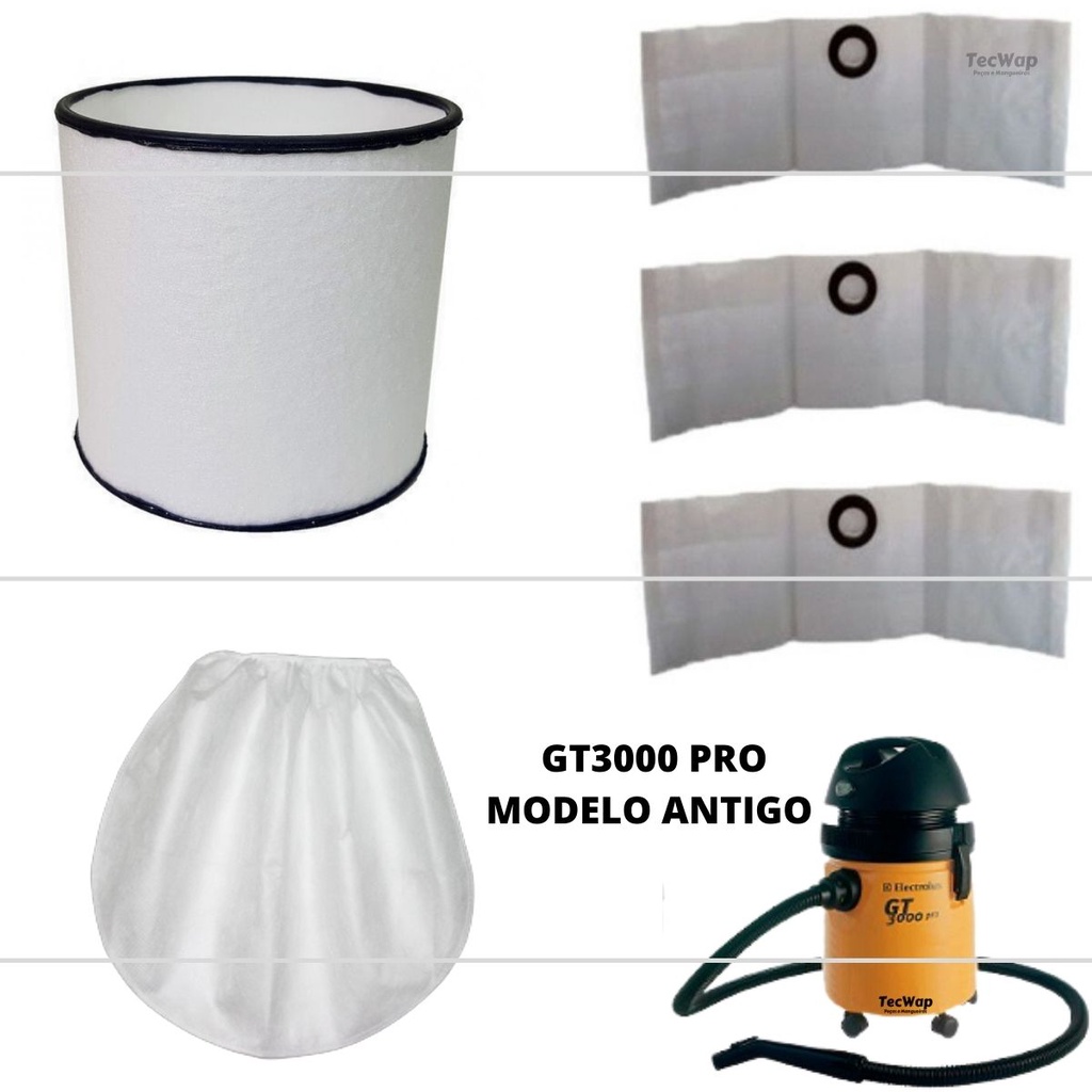 Kit Filtro Permanente + Tnt Touca + 3 Sacos Aspirador Electrolux Gt3000 antigo