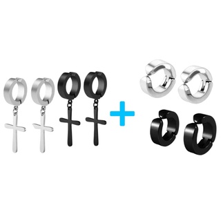 Kit 4 Pares De Brincos Argola e Cruz Pressão Preta Prata