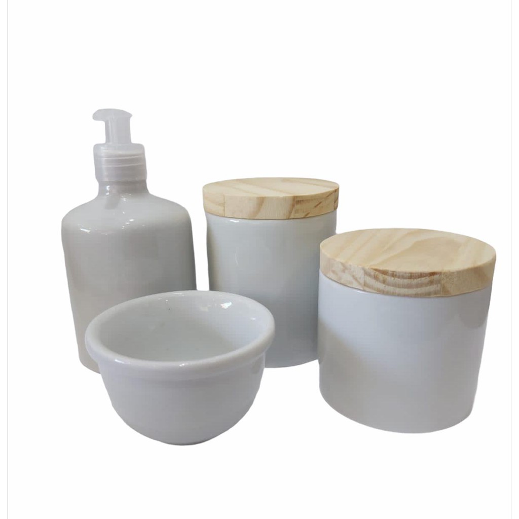 Kit Higiene Bebê Porcelana Menino Menina 4 Peças Saboneteira, Molhadeira, Potes Com Tampas De Madeira