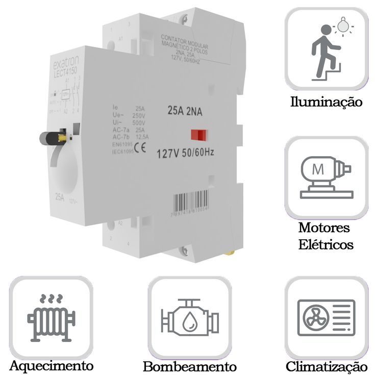 Chave Contator Modular Bipolar 25a 2na 2 Polos Magnetico 110v 127v 50/60hz Lect4150 Exatron