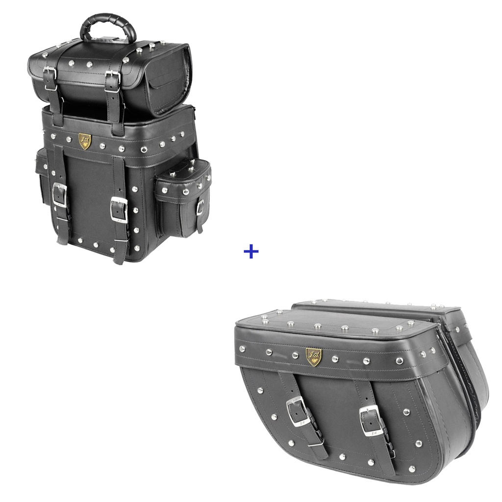 Kit Viagem Alforge Traseiro 25 Litros Couro Sintético C/ Cravos + Alforge Lateral Losango 32 Litros Couro Sintético C/ Cravos