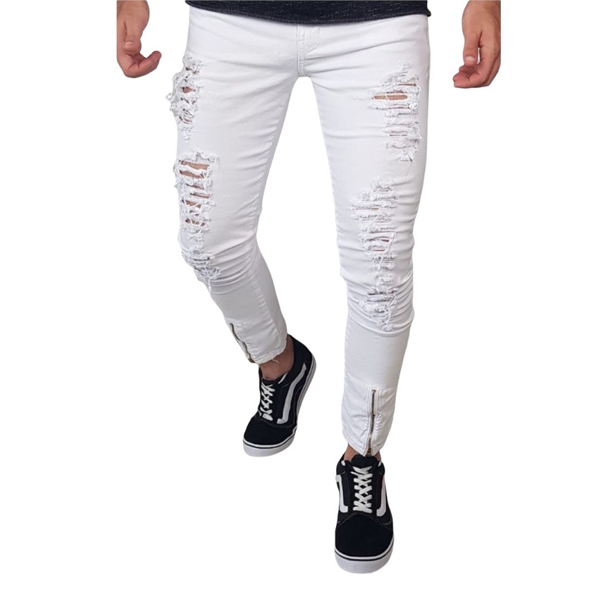 Calça Masculina Jeans Sarja Skinny Slim Rasgada preta Com Zíper na barra destroyed destruida rasgada slim barata