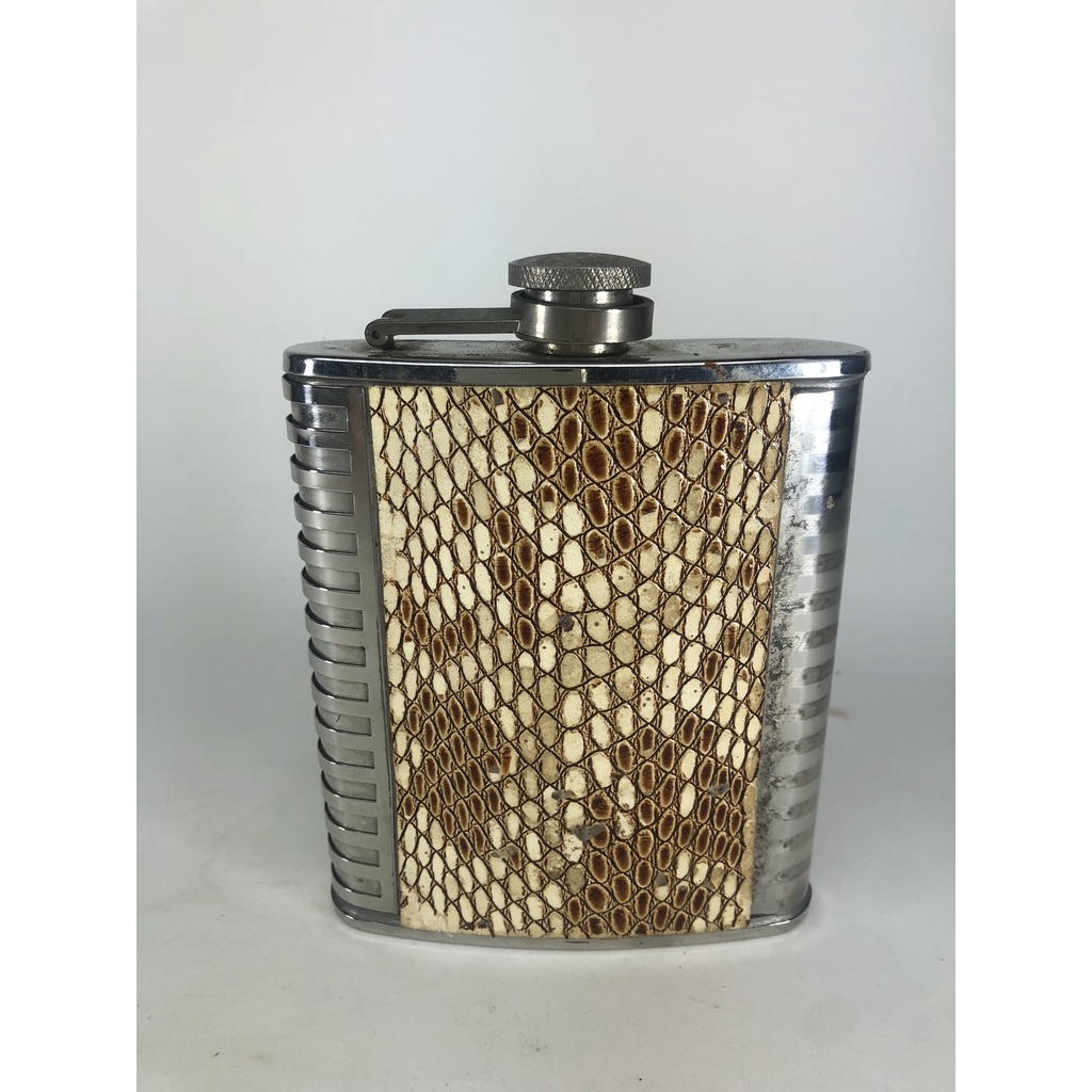 Antiguidade - Cantil De Bolso Zenith Inox Polido Imitação Couro de Cobra