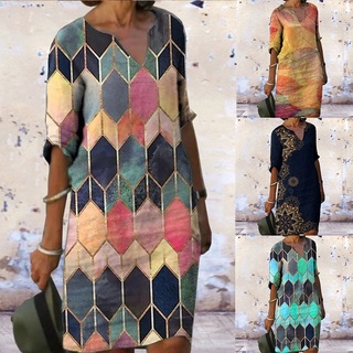 Vestido Feminino De Mangas Soltas Estampado Com Decote Em V Retrô Elegante Saia Na Altura Do Joelho