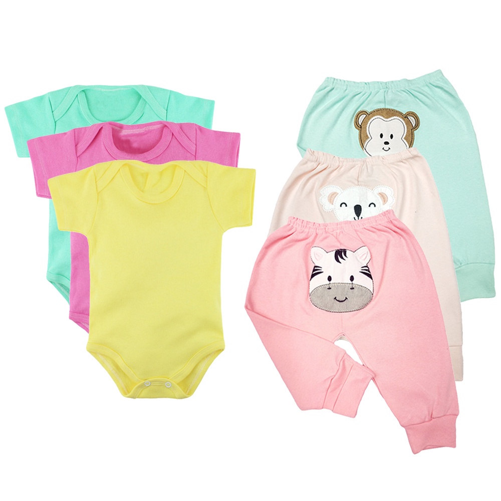 Kit Bebê 6 Peças Mijão Bumbum Bordado E Body Manga Curta Liso
