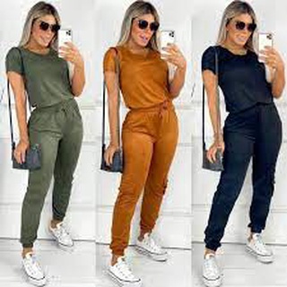 Conjunto feminino tecido suede manga curta