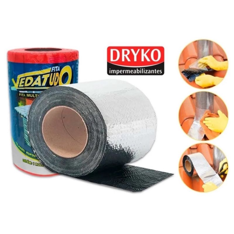 Fita multiuso manta asfaltica adesiva com alumínio para reparos telhado, calha, parede veda tudo Dryko fita por metro 10cm, 15cm, 20cm, 30cm ou 45cm
