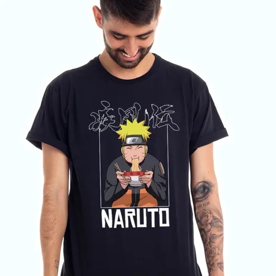Camiseta Camisa Blusa Naruto Lamen Oficial 100% Algodão Preta - ClubeComiX