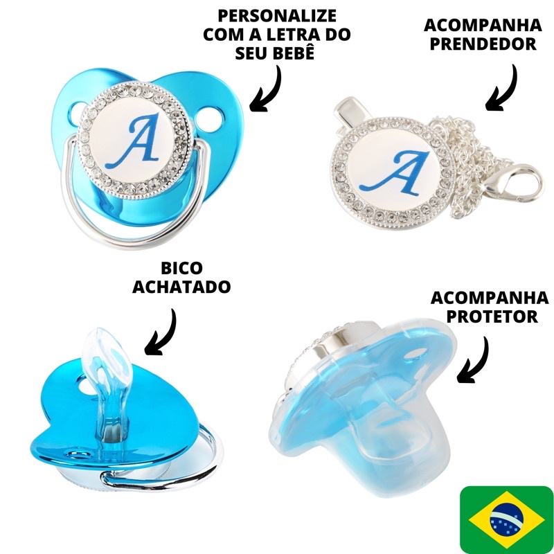 Chupeta AZUL METÁLICO + PRENDEDOR personalizados com a inicial do nome para bebês de 0-24 meses em Oferta na Shopee
