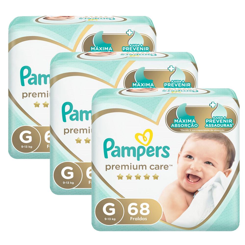 Kit Fralda Pampers Premium Care Jumbo Tamanho G com 204 unidades em Oferta na Shopee