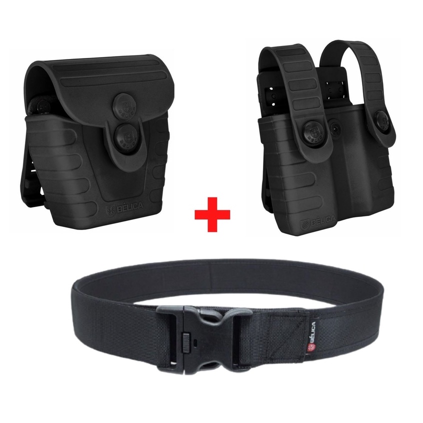 Kit Cinto Police + Porta Carregador & Porta Algema Tab Lock FAST - Preto