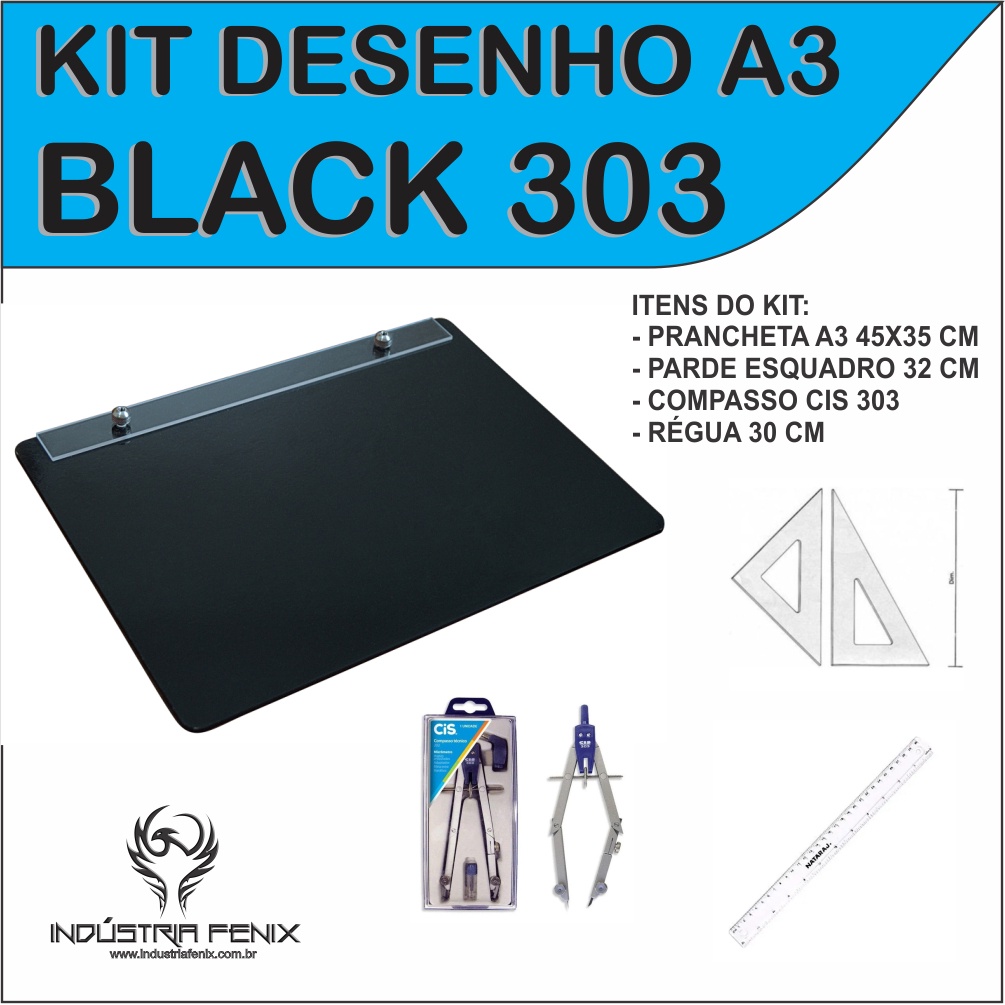 Kit Desenho Técnico Engenharia Arquitetura Prancheta A3 PRETA Par Esquadros 32 cm Cis 303 Regua 30