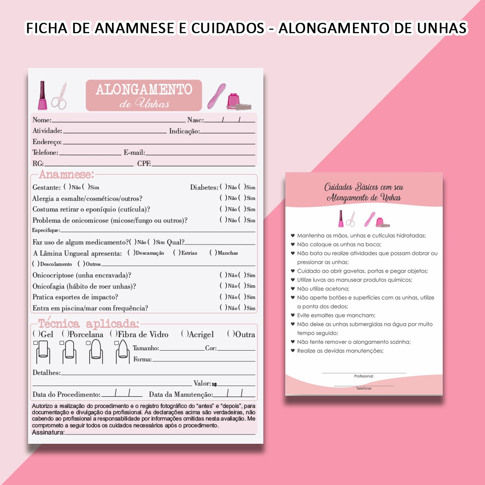 bloquinho ficha de anamnese e cuidados nail design 50 de cada