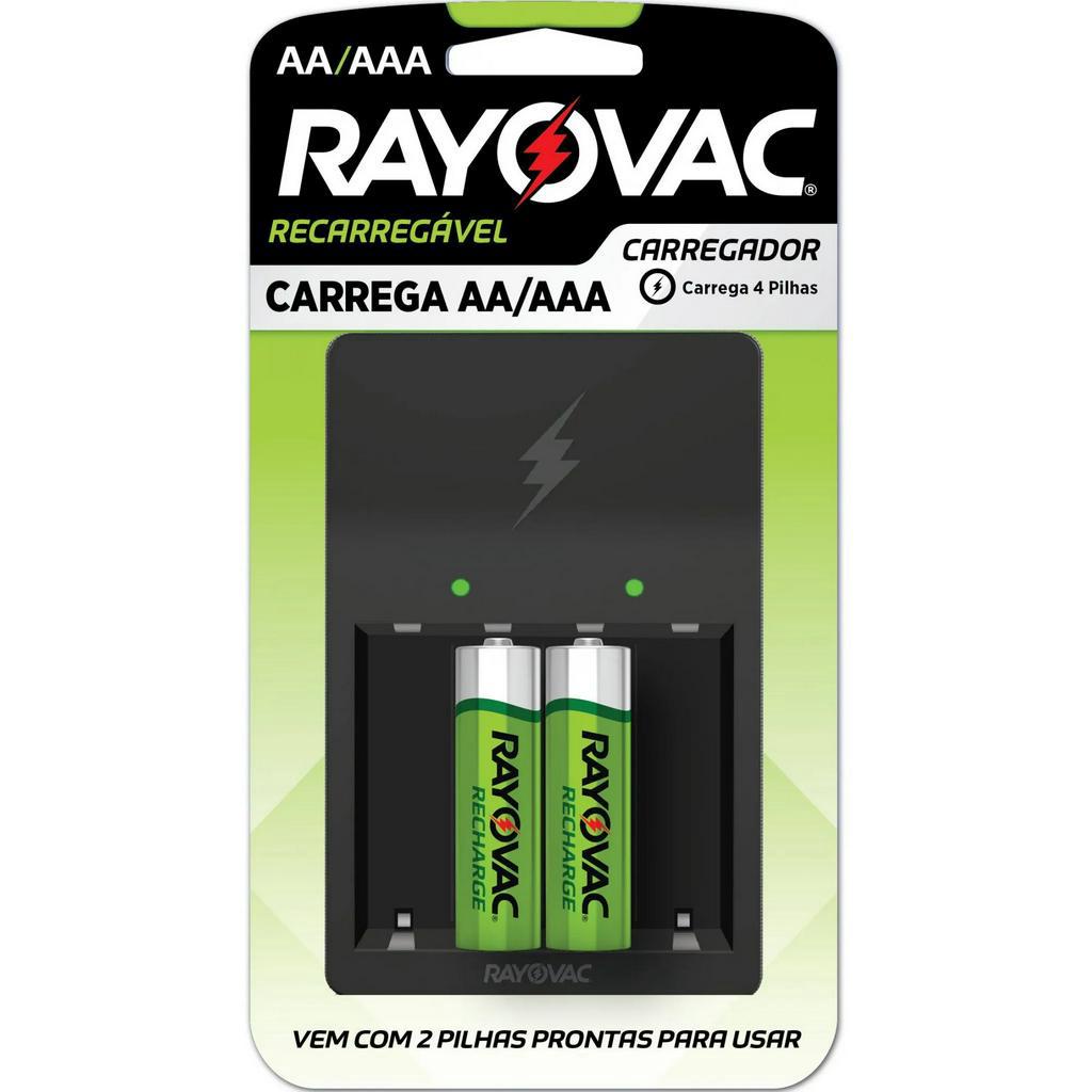 01 Carregador PS132 e 02 Pilhas Rayovac AA Pequena 1350mah 2A Recarregável 1 Cartela